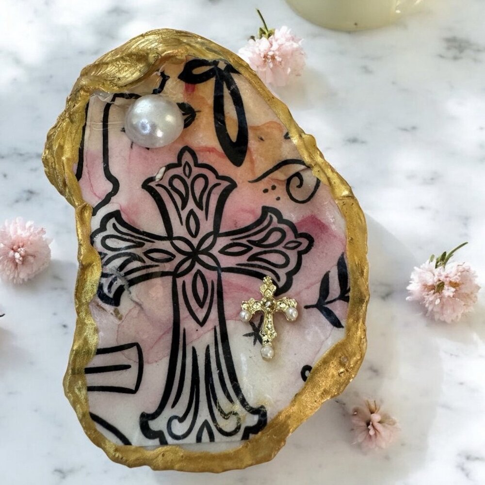Handmade Decoupage Oyster Shell Trinket Dish Cross, Faith, Gold Trim